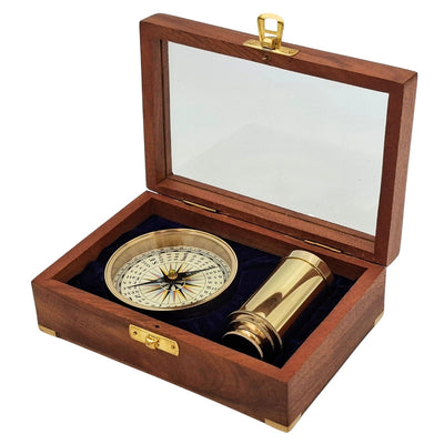 Geschenkset mit Messingkompass und Fernrohr in eleganter Holzschachtel mit Gravur