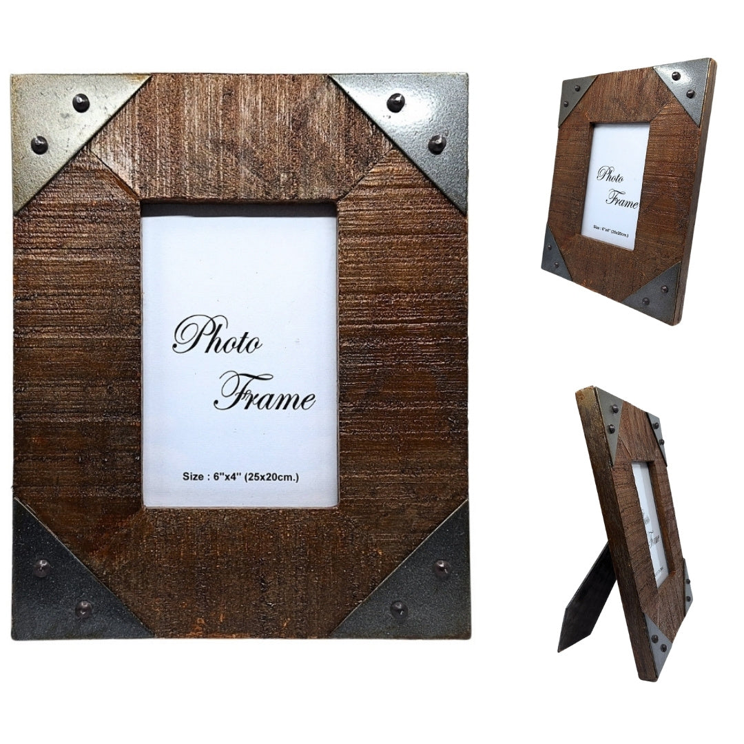 Holz-Fotorahmen 10x15 cm aus Mangoholz mit Metallbeschlägen, personalisierbare Gravur, ideal als Vintage-Geschenk  