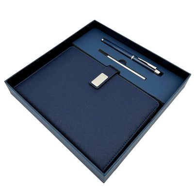 Elegantes dunkelblaues Leder-Notizbuch A5 mit Kugelschreiber und personalisierter Gravur in Geschenkbox