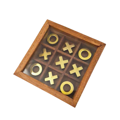 Elegantes Tic-Tac-Toe im Glasdeckel-Kästchen mit Gravurpersonalisierung - Luxuriöses Set aus Holz und Messing, ideal als Geschenk für Lehrer und Schulleiter - Maße 12,5 x 12,5 x 2,5 cm