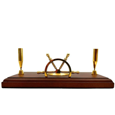 Maritimes Schreibtischset mit Gravur – Steuerrad, Kompass, Stifthalter aus poliertem Holz und Messing  