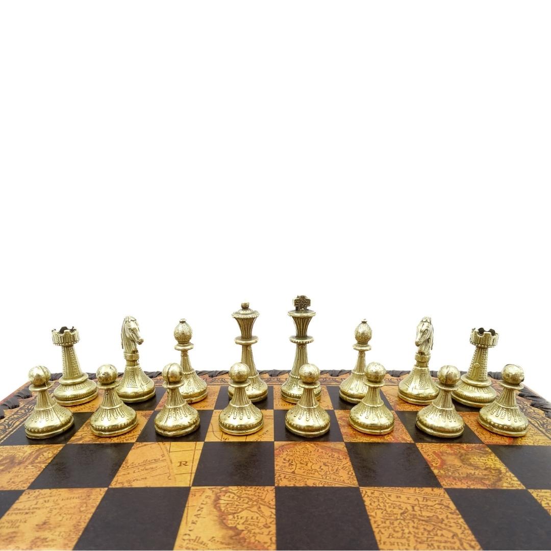 Exklusive Metall-Schachfiguren Italfama 28x28 cm mit personalisierbarer Gravur, braun-schachbrettmuster, Figuren gold-silbrig