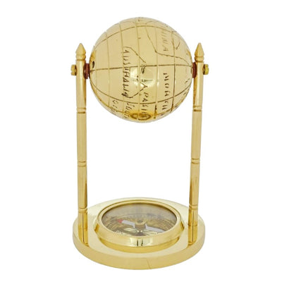 Dekorativer Messingglobus mit Kompass und personalisierbarer Gravur, goldfarben, Höhe 12,5 cm