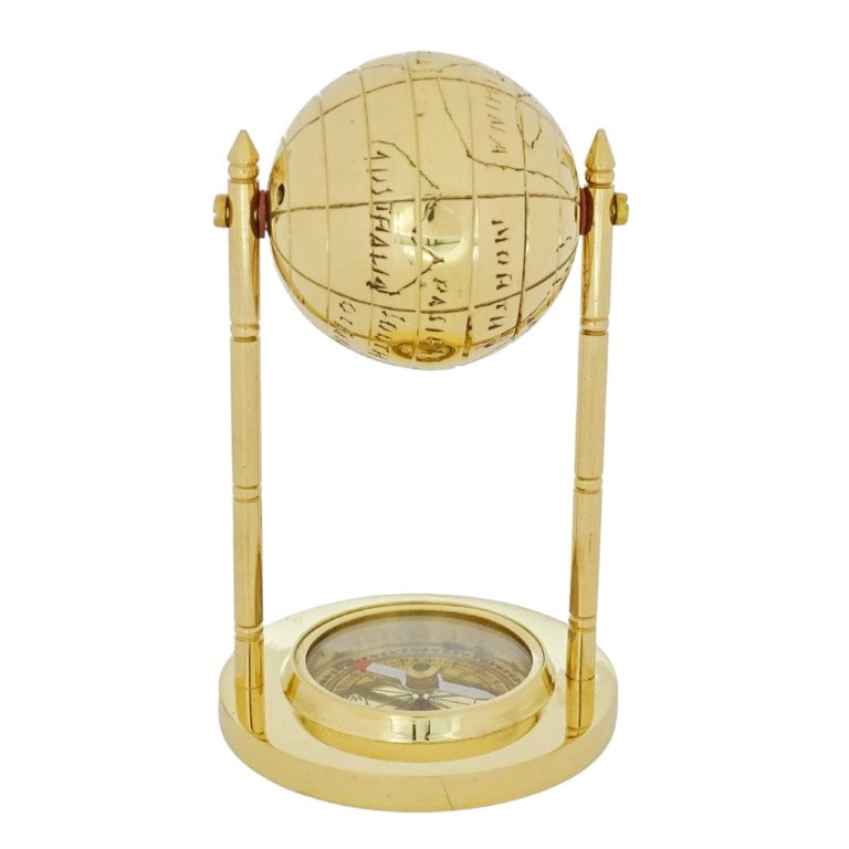 Dekorativer Messingglobus mit Kompass und personalisierbarer Gravur, goldfarben, Höhe 12,5 cm