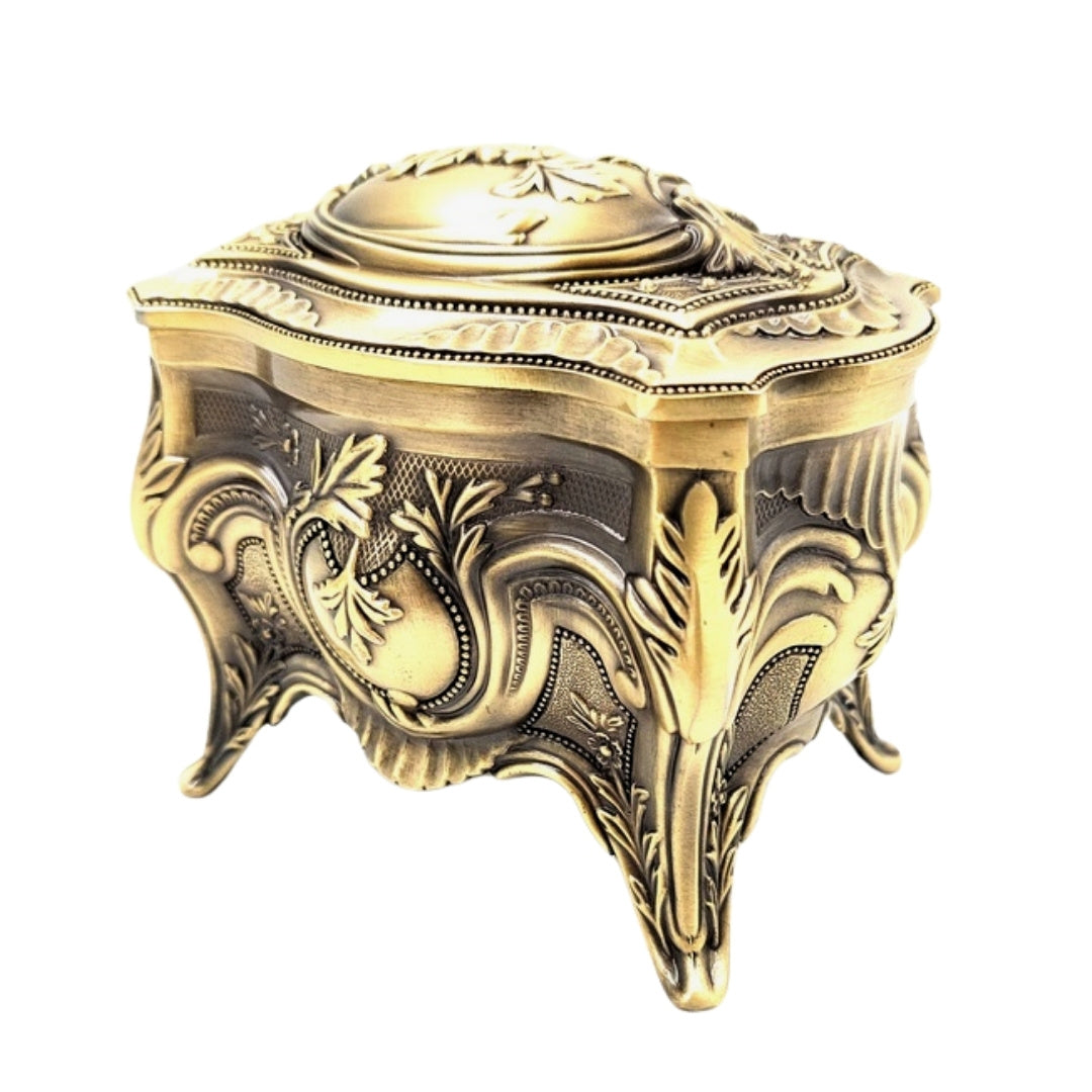 Goldene Retro-Metall-Schmuckschatulle mit personalisierbarer Gravur – elegant und reich verziert, ideal als Geschenk – Maße: 10,8 x 7,7 x 9,2 cm, massiv und eindrucksvoll, perfekt zur Aufbewahrung wertvoller Gegenstände