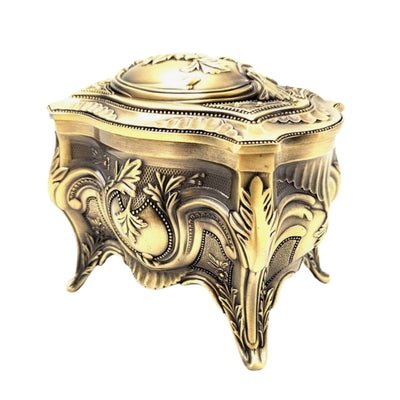 Goldene Retro-Metall-Schmuckschatulle mit personalisierbarer Gravur – elegant und reich verziert, ideal als Geschenk – Maße: 10,8 x 7,7 x 9,2 cm, massiv und eindrucksvoll, perfekt zur Aufbewahrung wertvoller Gegenstände