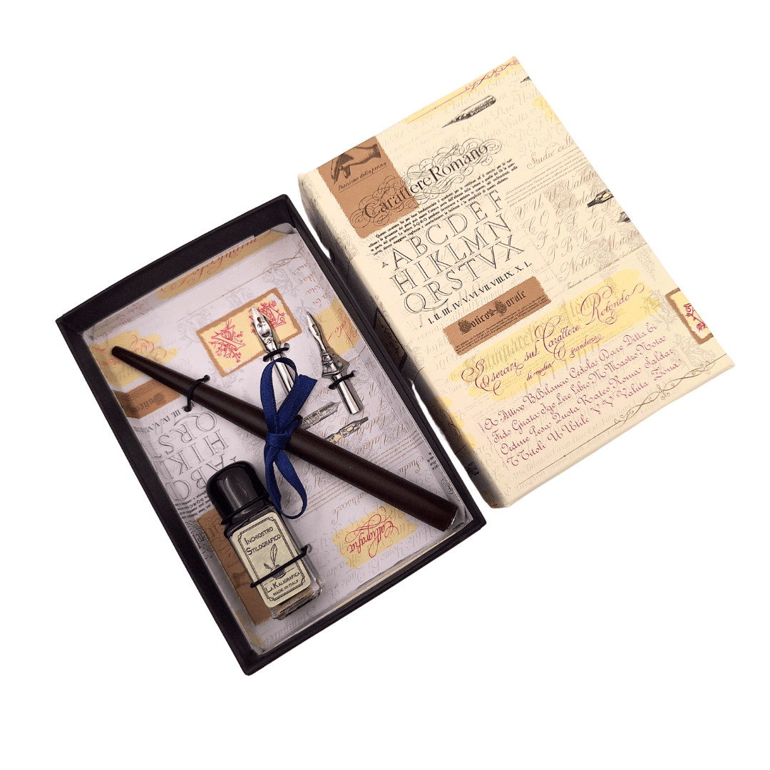 Kalligrafie-Set mit personalisierter Gravur – italienischer Federhalter mit zwei Federn und Tintenfass, ideal als Geschenk – elegante Verpackung 12,5x8,5x3 cm  