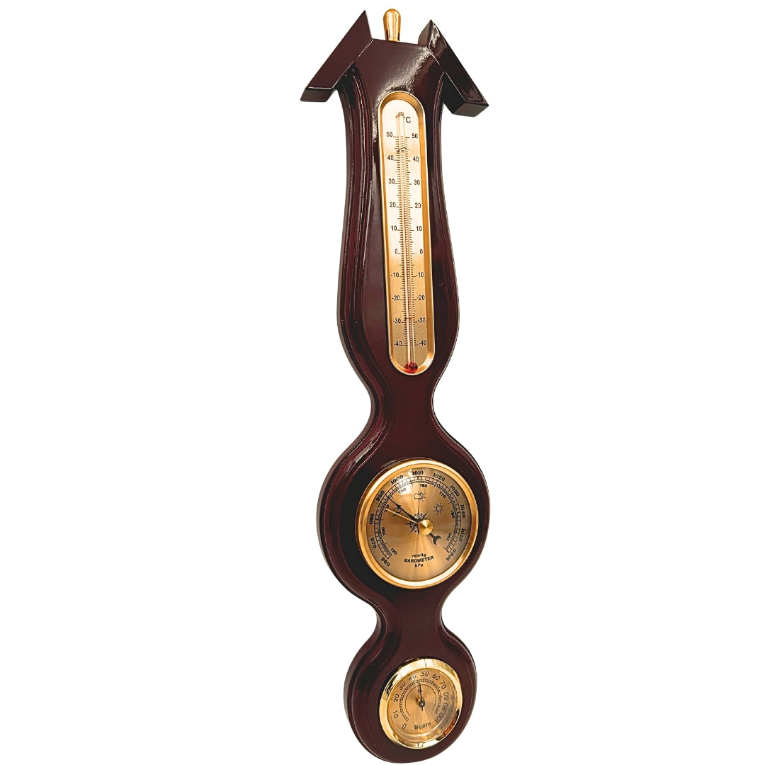 Elegante 3-in-1 Wetterstation mit Gravur – Thermometer, Barometer, Hygrometer in dunklem Holz, 40 cm