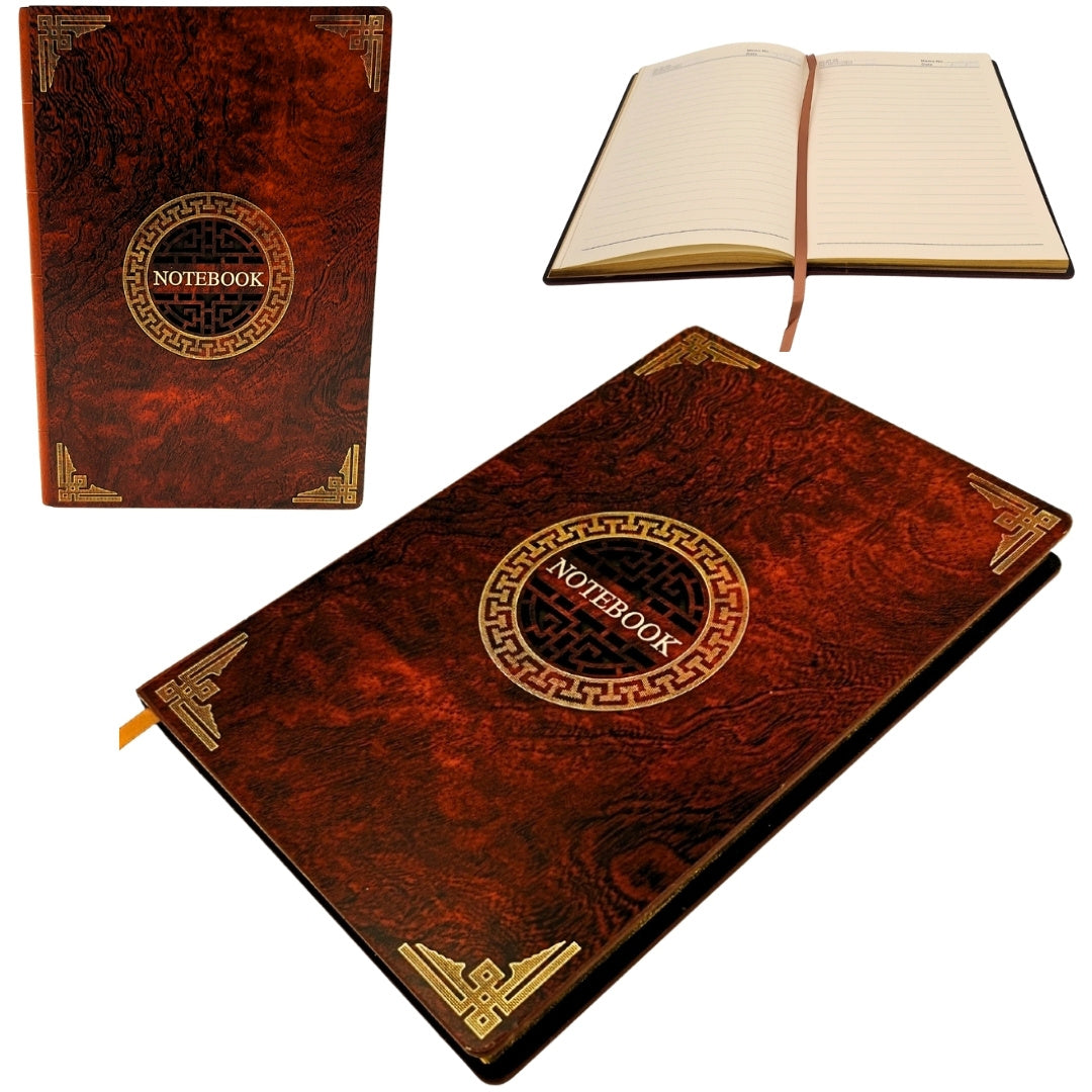 Elegantes A5 Notizbuch mit Holzcover und personalisierter Gravur – luxuriöses Tagebuch als Geschenk mit goldenen Rändern und hochwertigem braunem Papier  