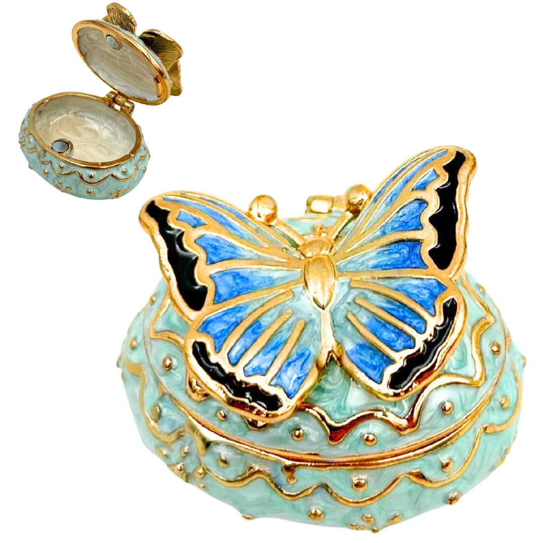 Exklusive Schmuckschatulle Schmetterling mit Kristallen, personalisiert mit Gravur, Weiß-Gold, Höhe 3,5 cm  