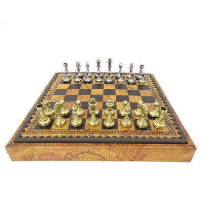 Exklusive Metall-Schachfiguren Italfama 28x28 cm mit personalisierbarer Gravur, braun-schachbrettmuster, Figuren gold-silbrig
