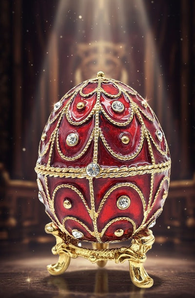 Exklusive Metall-Geschenkbox Fabergé mit Kristallen in Rot-Gold, personalisierbare Gravur, ideales Geschenk, Maße 5,5x6,5 cm  