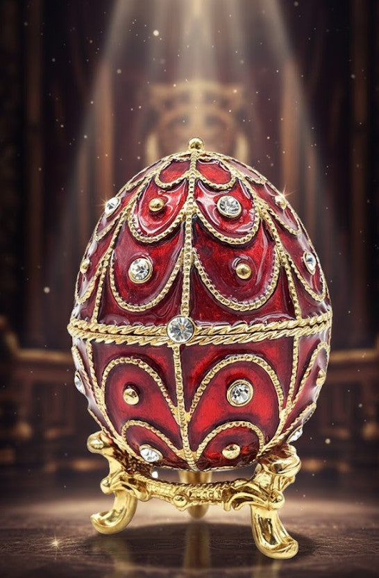 Exklusive Metall-Geschenkbox Fabergé mit Kristallen in Rot-Gold, personalisierbare Gravur, ideales Geschenk, Maße 5,5x6,5 cm  