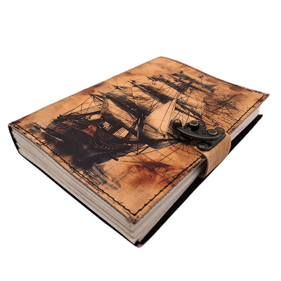 Maritimes Retro Leder-Notizbuch Segelschiff mit Gravur