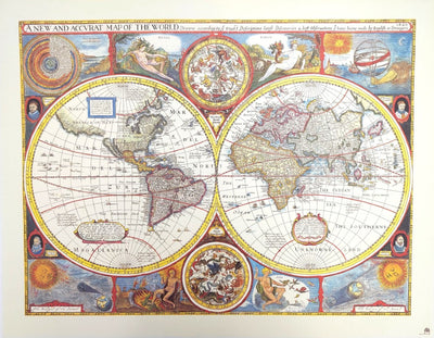 Retro-Weltkarte mit Gravur - personalisierte Dekoration als Geschenk - Reprint von John Speed aus dem Jahr 1651 - Maße 52 x 39 cm - farbenfrohe und detaillierte Grafik