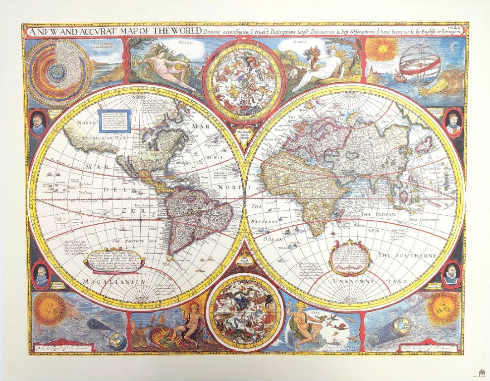 Retro-Weltkarte mit Gravur - personalisierte Dekoration als Geschenk - Reprint von John Speed aus dem Jahr 1651 - Maße 52 x 39 cm - farbenfrohe und detaillierte Grafik