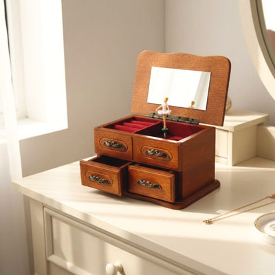 Musik-Schmuckkästchen aus Holz mit Spiegel und Gravur - elegantes Geschenk für Schmuck mit zwei Schubladen, Höhe 10cm, Melodie „The Entertainer“