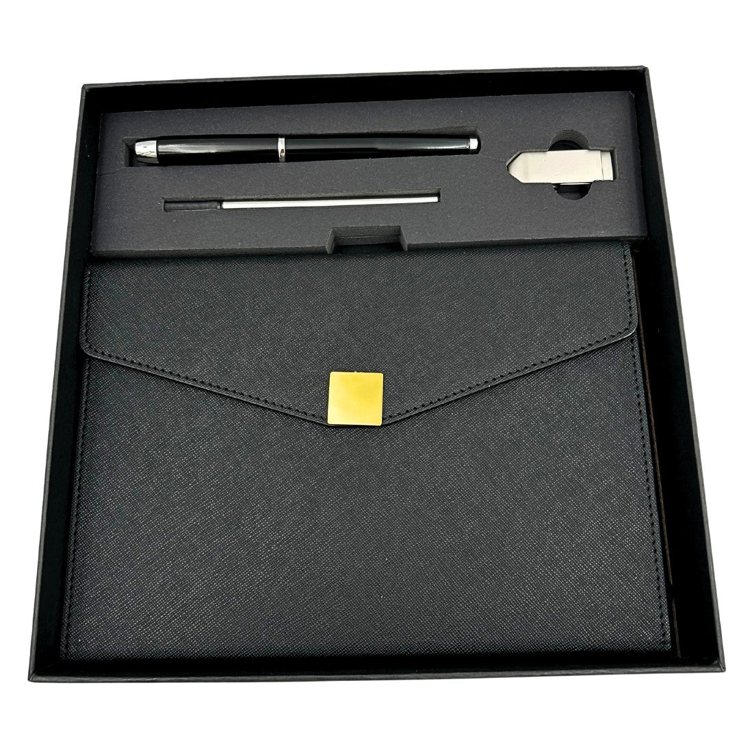 Elegantes Premium-Geschenkset mit Personalisierung – Leder-Notizbuch A5, Kugelschreiber und 16GB USB-Stick in schwarz-goldener Box