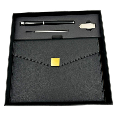Elegantes Premium-Geschenkset mit Personalisierung – Leder-Notizbuch A5, Kugelschreiber und 16GB USB-Stick in schwarz-goldener Box