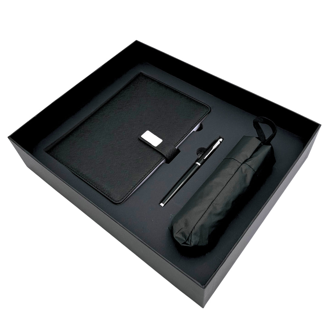 Elegantes Geschenkset mit Personalisierung - Leder-Notizbuch A5, Kugelschreiber und schwarzer Regenschirm in Geschenkbox