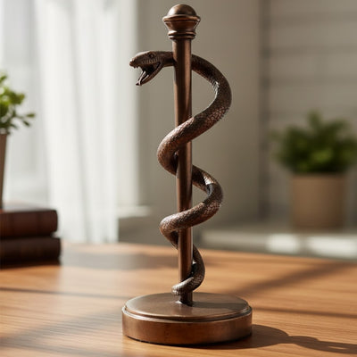 Äskulapstab-Figur 30 cm aus Harz - personalisiertes Geschenk für Ärzte, Krankenschwestern oder Apotheker - braune/ messingfarbene Dekoration mit Gravur