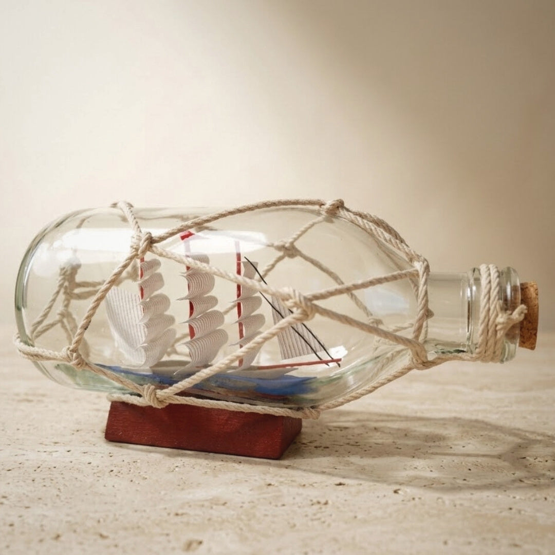 Schiff in der Flasche auf Holzsockel mit Gravur-Personalisierung