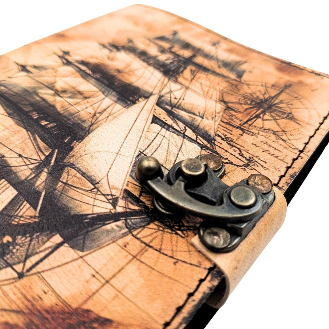 Maritimes Retro Leder-Notizbuch Segelschiff mit Gravur