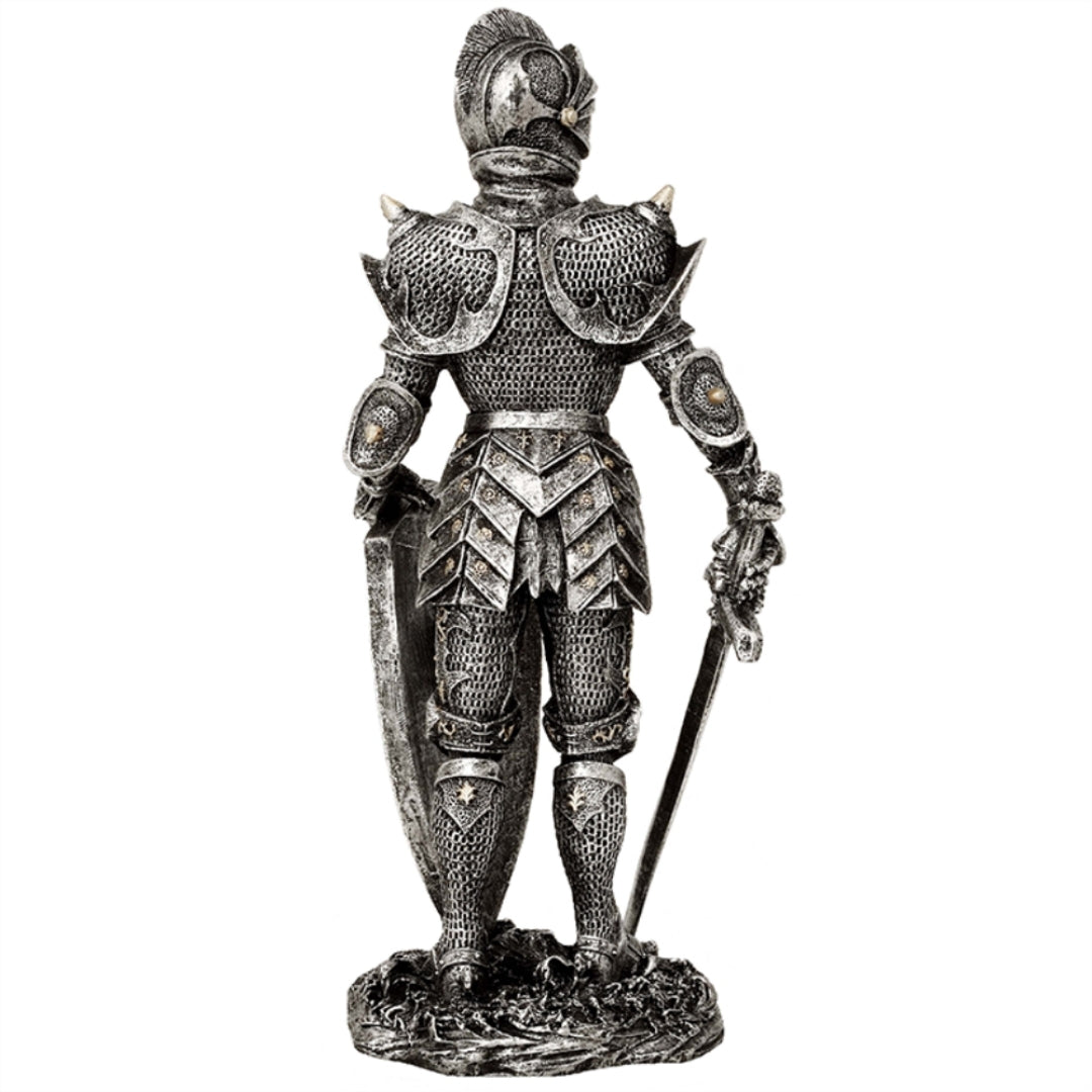 Dekorative Figur Ritter in silberner Rüstung 30 cm mit Gravur-Personalisierung – Elegantes Geschenk für Geschichts- und Fantasy-Liebhaber, handbemalt aus Polyresin  