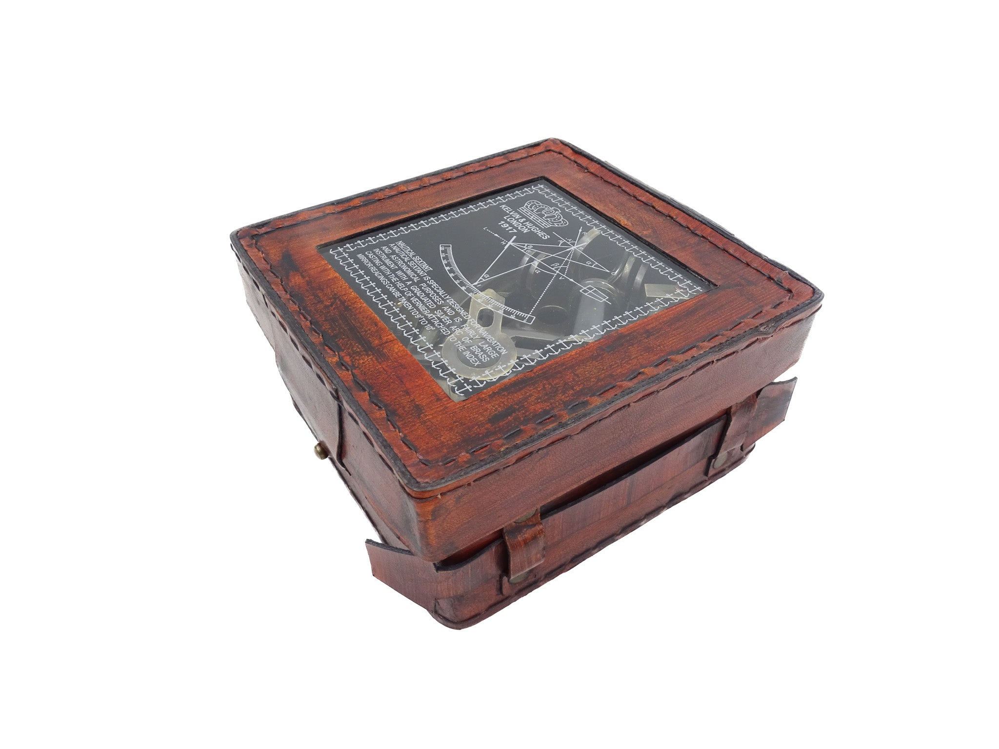 Messing-Sextant mit Gravur in Lederbox – Replik von 1917, ideal als Geschenk für Segler und Astronomen, Maße 13x12x6 cm, Antik, Material: Messing und Glas