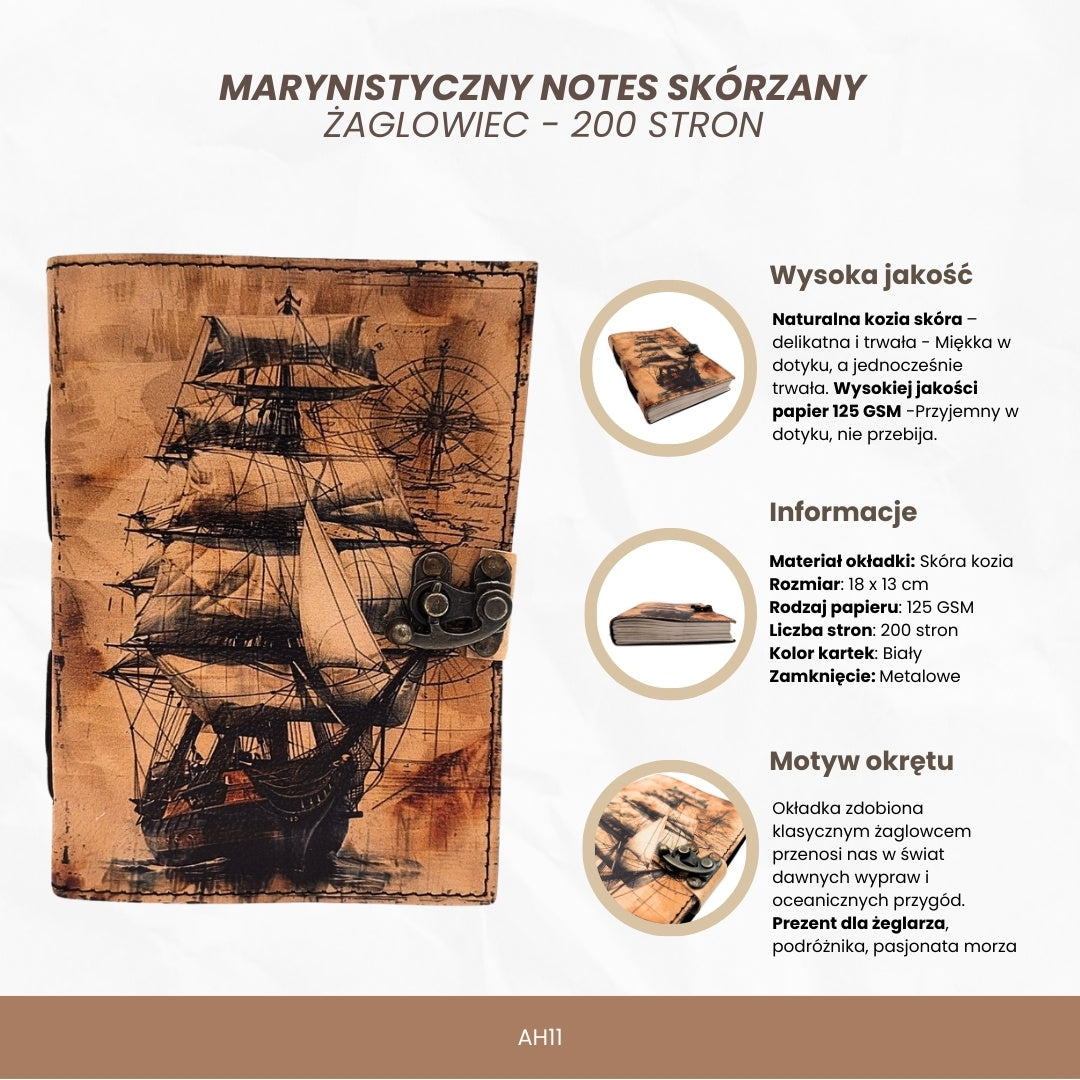 Maritimes Retro Leder-Notizbuch Segelschiff mit Gravur