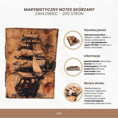 Maritimes Retro Leder-Notizbuch Segelschiff mit Gravur