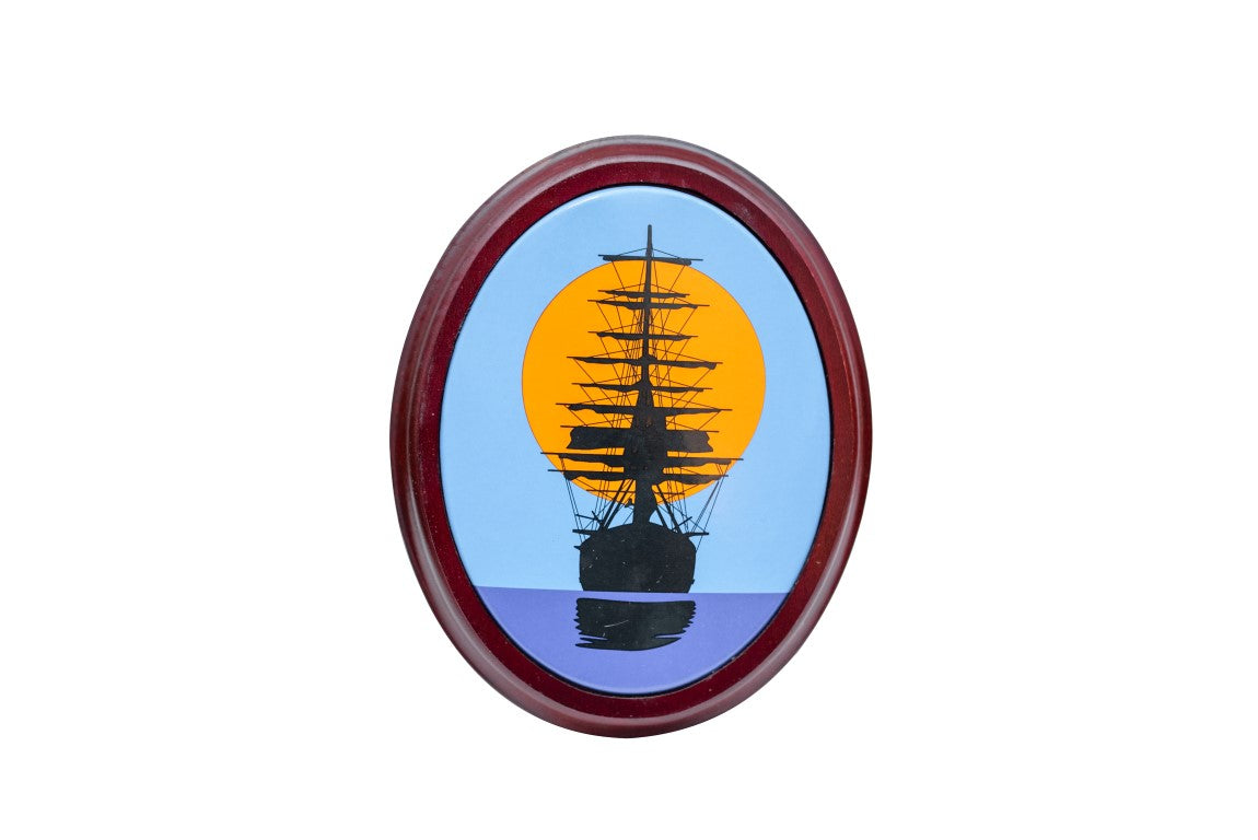 Emaille-Schild Segelschiff bei Sonnenuntergang mit Holzrahmen