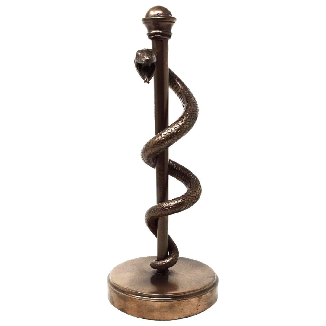 Äskulapstab-Figur 30 cm aus Harz - personalisiertes Geschenk für Ärzte, Krankenschwestern oder Apotheker - braune/ messingfarbene Dekoration mit Gravur
