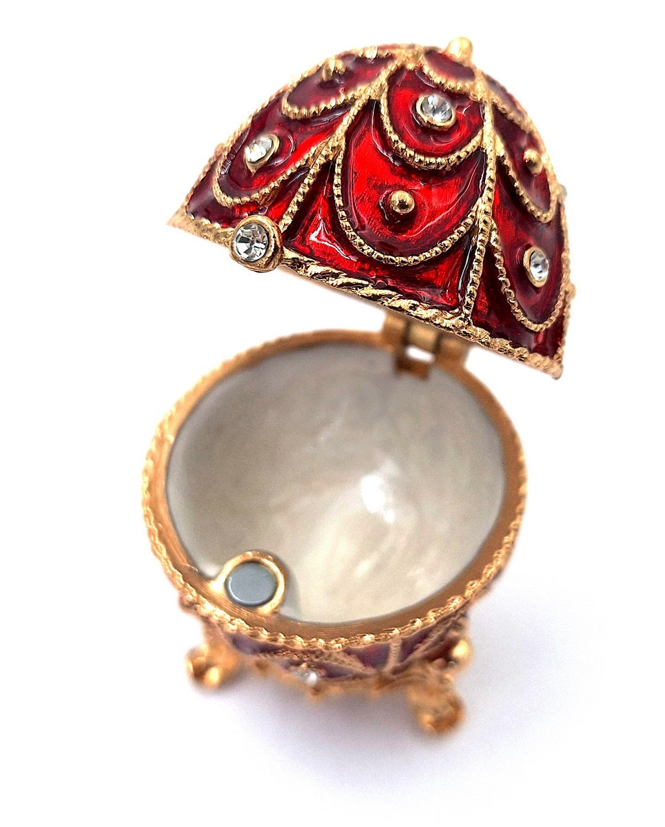 Exklusive Metall-Geschenkbox Fabergé mit Kristallen in Rot-Gold, personalisierbare Gravur, ideales Geschenk, Maße 5,5x6,5 cm  