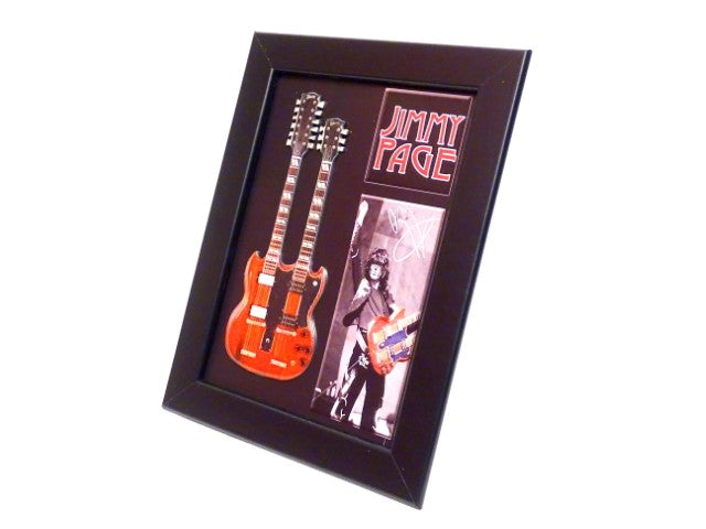 Mini Double Neck Gitarre im Stil von Jimmy Page FMG-011 mit individueller Gravurmöglichkeit, ideal als Geschenk – Holzrahmen 1,3 cm x 16 cm x 21,4 cm, Stahlkonstruktion  