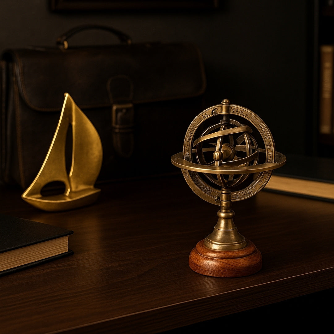 Messing-Astrolabium 14 cm mit Gravur – einzigartiges Geschenk für Astronomie-Liebhaber, elegante Dekoration aus Messing und Holz in Goldfarbe