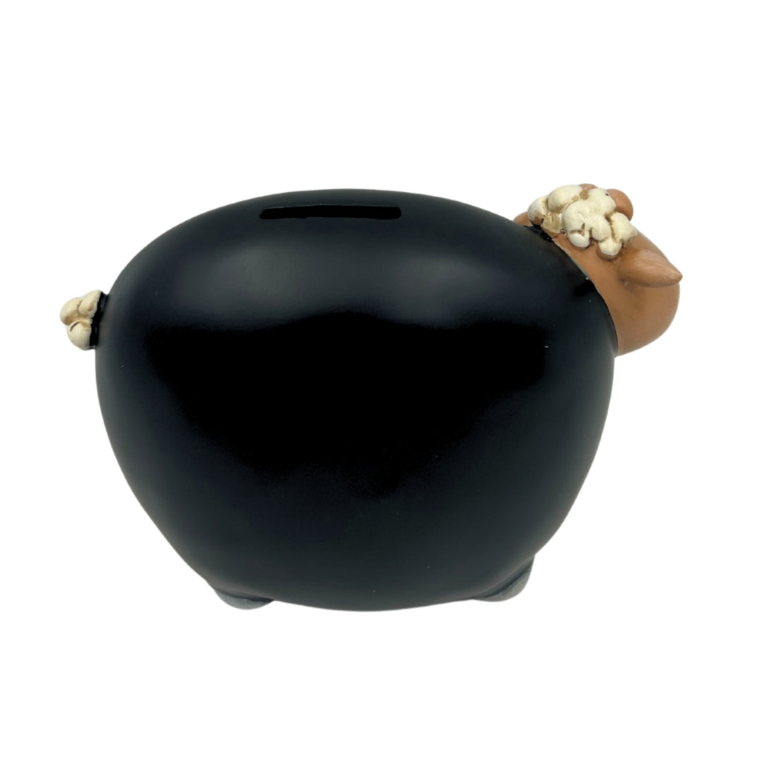 Spardose Schäfchen aus Tafelfarbe mit Personalisierungsmöglichkeit – Schwarz mit beigen und weißen Elementen, Höhe 19,5 cm