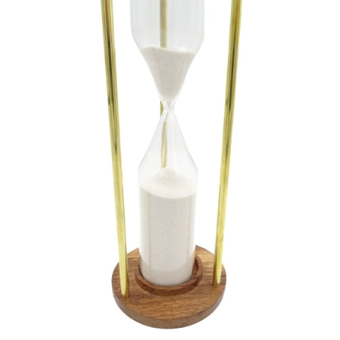 Sanduhr aus Messing und Holz 30min mit Möglichkeit zur Personalisierung durch Gravur - elegantes Geschenk für jeden Anlass, Höhe 30,5cm, weißer Sand, klassische Materialien