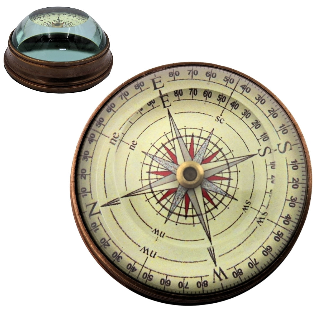 Stilvoller Linsenkompass aus Messing und Glas mit personalisierbarer Gravur – Retro-Schreibtisch-Gadget, ideales Geschenk für Reisende – Durchmesser 6,3 cm, Höhe 3 cm, Farbe Beige, Rot und Schwarz