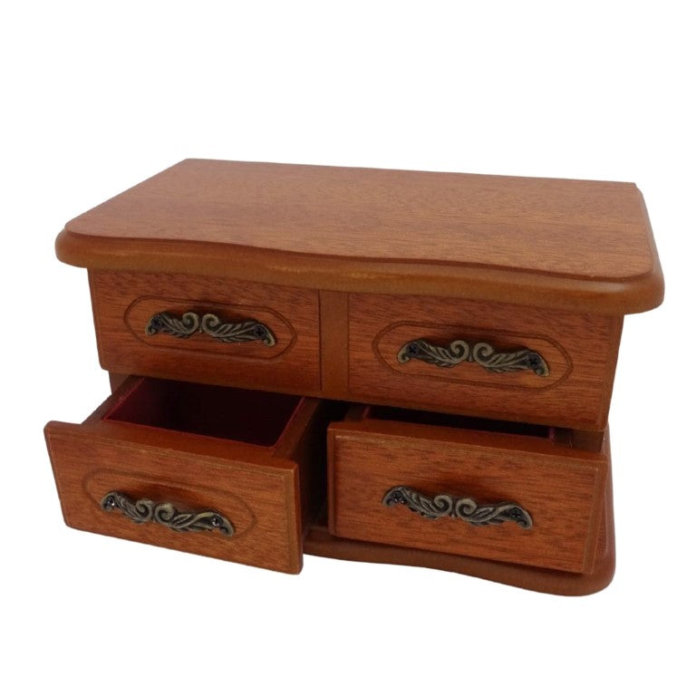 Musik-Schmuckkästchen aus Holz mit Spiegel und Gravur - elegantes Geschenk für Schmuck mit zwei Schubladen, Höhe 10cm, Melodie „The Entertainer“