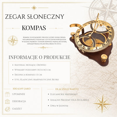 Eleganter Messing-Kompass mit Sonnenuhr auf Holzsockel C064 mit Personalisierung und Gravur