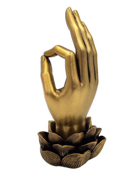 Goldene Figur Hand von Buddha Mudra OM mit Gravur - elegante Dekoration als Geschenk - Lotusblume, 21 cm, Polyresin, Glamour-Stil