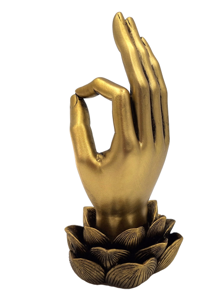 Goldene Figur Hand von Buddha Mudra OM mit Gravur - elegante Dekoration als Geschenk - Lotusblume, 21 cm, Polyresin, Glamour-Stil