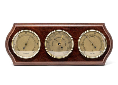 Wetterstation Fischer 9176-22 mit Barometer, Hygrometer und Thermometer in einem Messingrahmen auf Mahagonibasis mit Option zur personalisierten Gravur