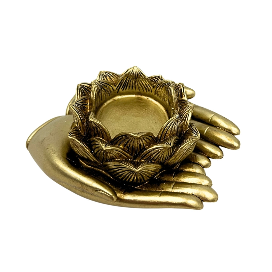 Goldener Glamour-Teelichthalter mit personalisierbarer Gravur – elegantes Deko-Element 11,5 x 9,4 x 4,8 cm aus Polyresin  