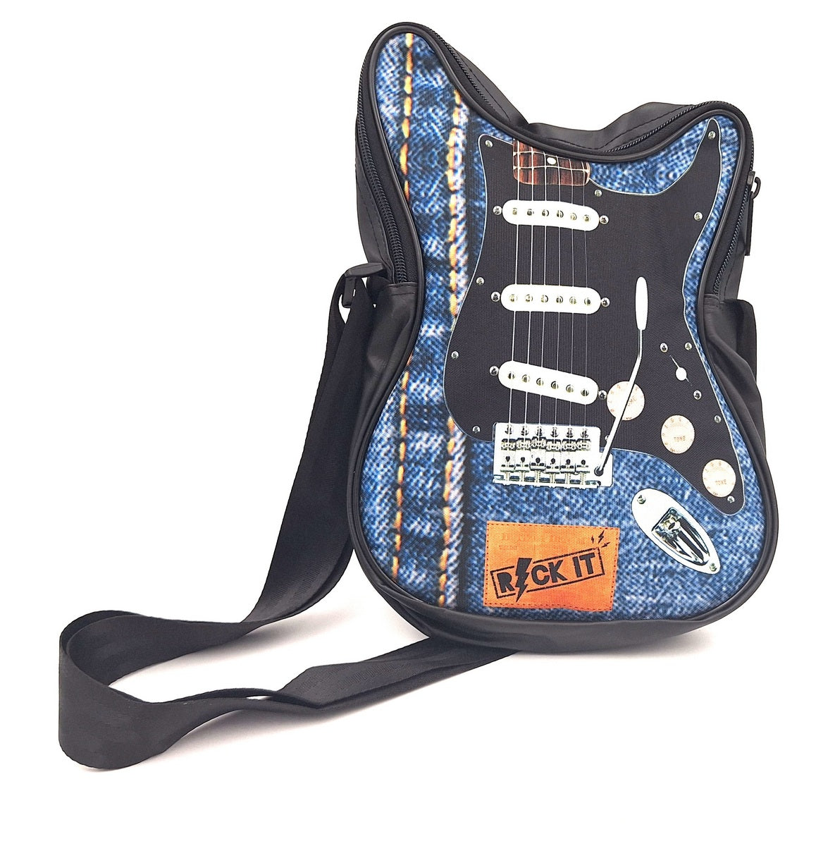 Schultertasche in Gitarrenform Let’s Rock RBG-019 mit Möglichkeit der Personalisierung durch Gravur, wasserdicht, ideal als Geschenk für Musiker, 100 % PVC und Polyester, Maße 34 x 23 x 5 cm