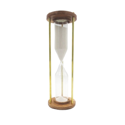 Sanduhr aus Messing und Holz 30min mit Möglichkeit zur Personalisierung durch Gravur - elegantes Geschenk für jeden Anlass, Höhe 30,5cm, weißer Sand, klassische Materialien