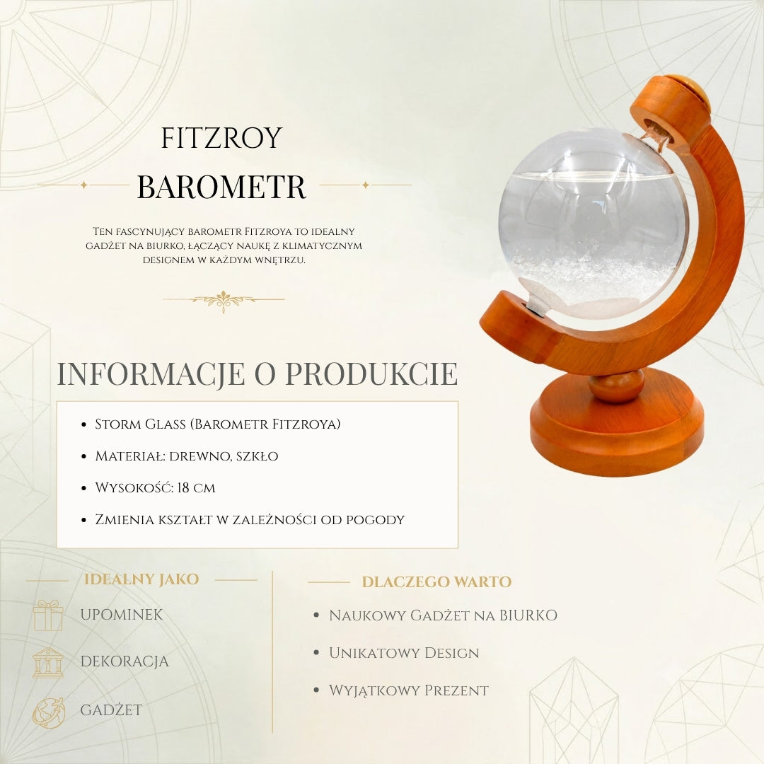 Fitzroya-Sturmbarometer Globus mit Gravurmöglichkeit - Elegante Schreibtischdekoration aus Glas und Holz, Höhe 18,5 cm
