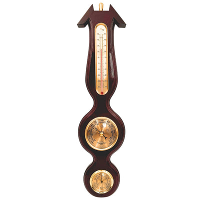 Elegante 3-in-1 Wetterstation mit Gravur – Thermometer, Barometer, Hygrometer in dunklem Holz, 40 cm