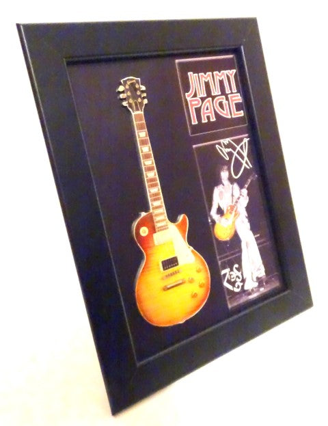 Mini-Gitarre im Stil von Jimmy Page mit Rahmen FMG-012, Möglichkeit der Personalisierung durch Gravur, ideal als Geschenk, Holzrahmen 1,3 cm x 16 cm x 21,4 cm, Mini-Gitarre aus Stahl zum Aufstellen oder Aufhängen an der Wand
